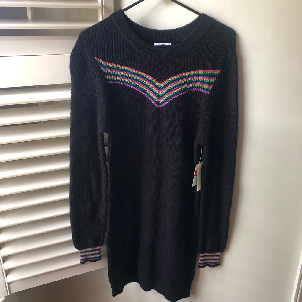 Black Knit Sweater Dress with Rainbow Chevron Detail